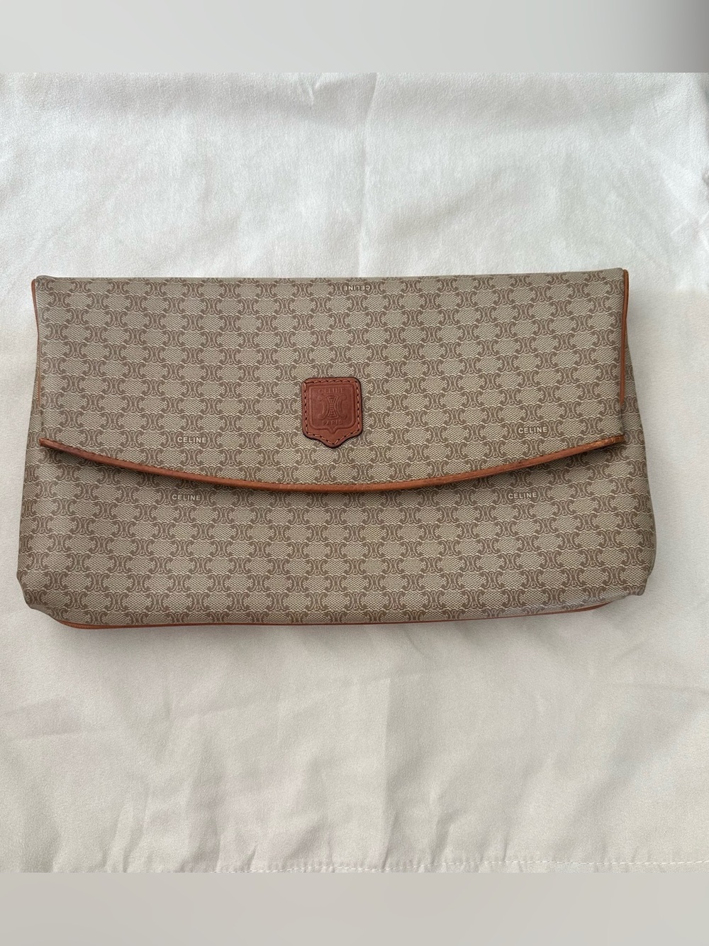 Celine Beige Monogram Macadam Envelope Clutch Vintage with Brown Trim
